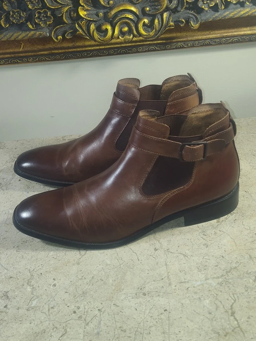 Kenneth Cole Brown Leather Roy Chelsea Boots with Side Buckle